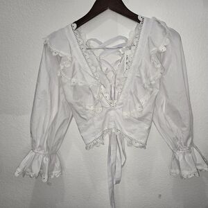 Olivaceous White Ruffled Tie Front Blouse